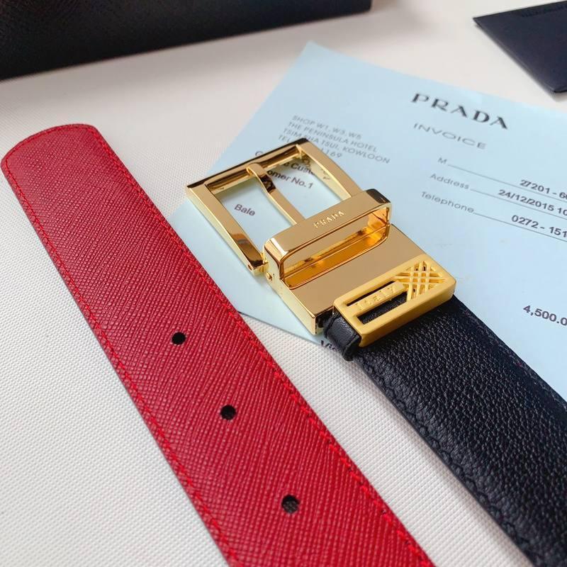 Prada Leather Reversible Belt With Triple Bucles 'Red/Black' Banlieue91