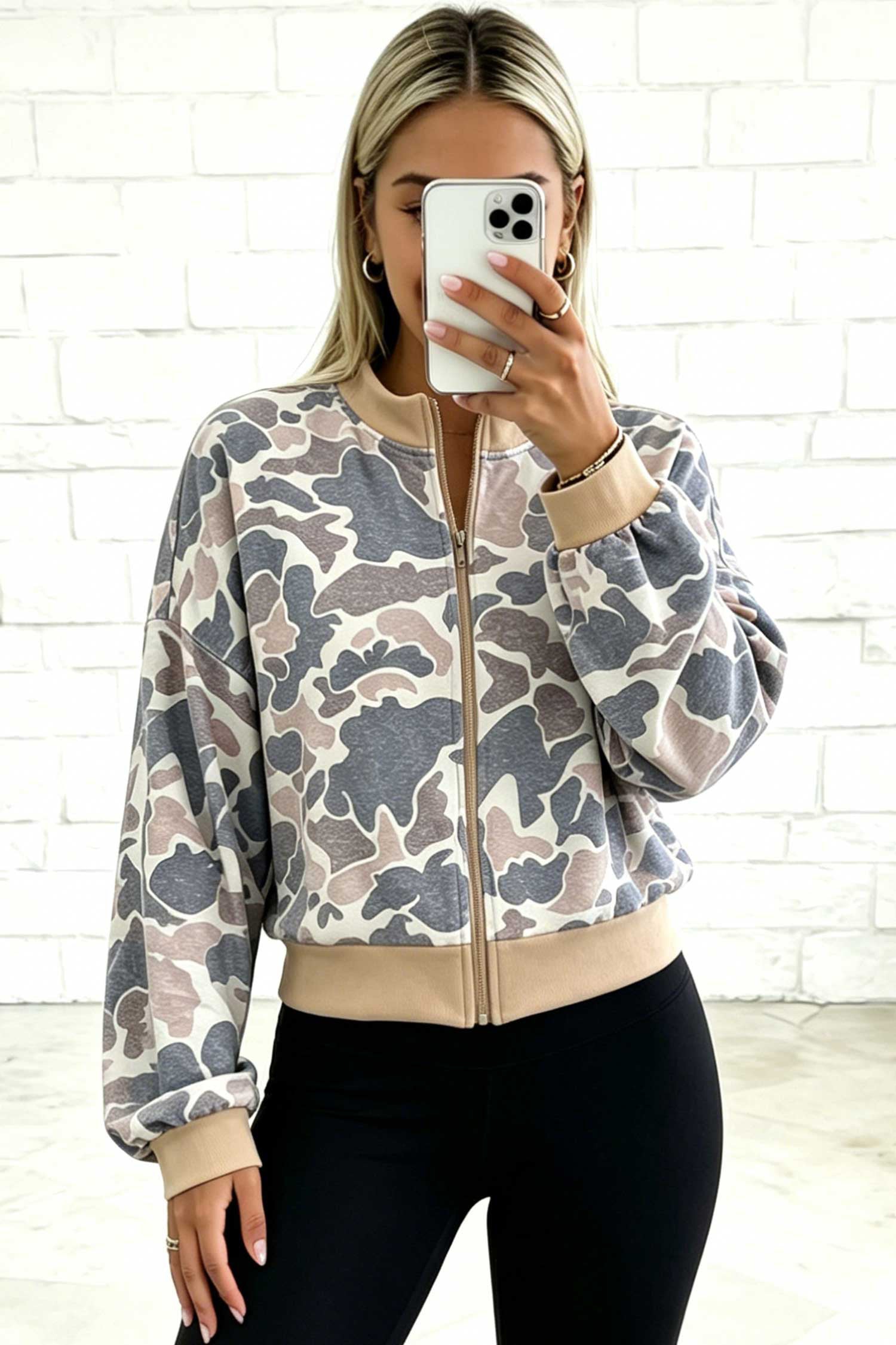 Multicolour Camouflage Print Color Block Trim Zip Bomber Jacket