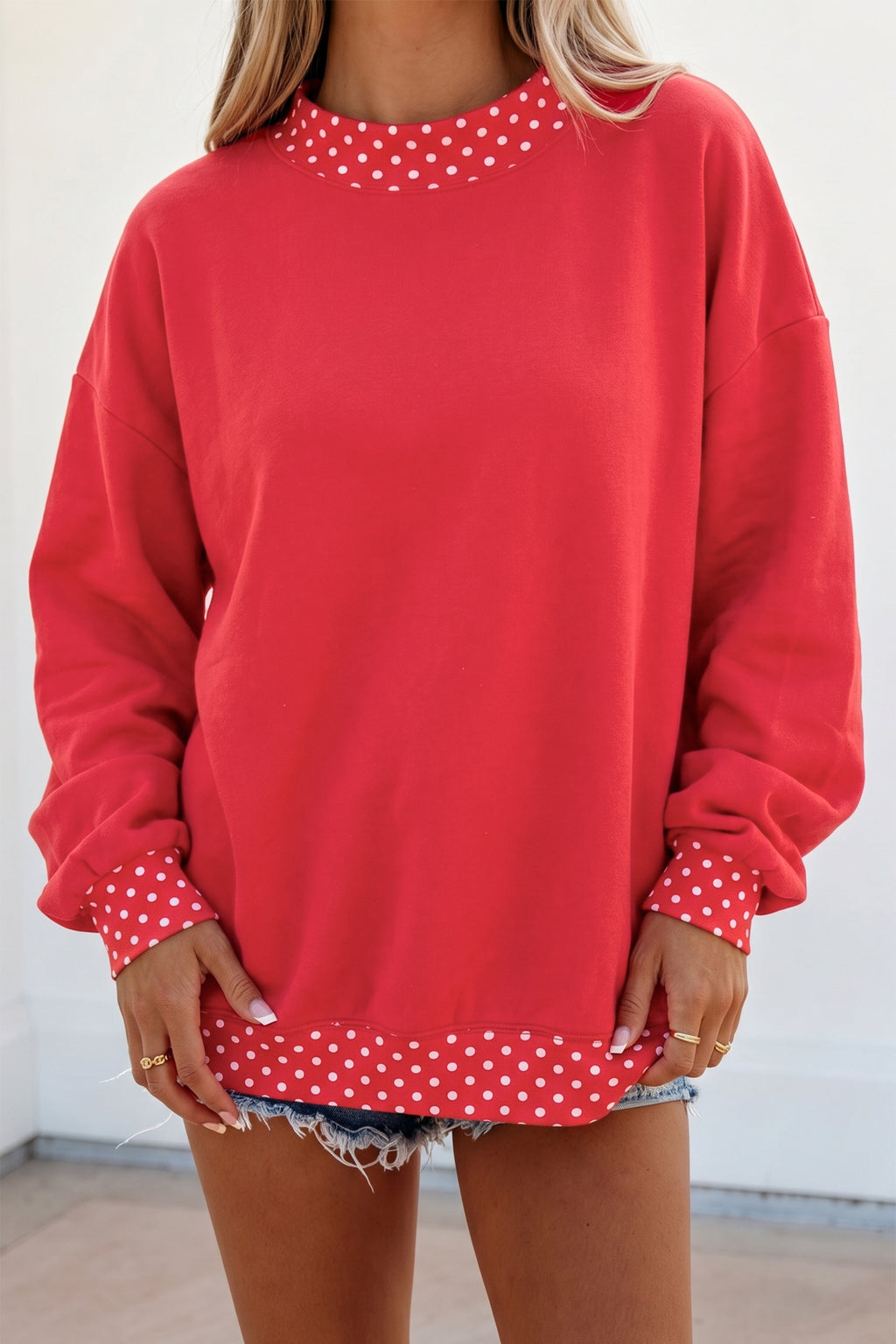 Brown Colorblock Polka Dot Contrast Trim Oversized Sweatshirt Shewin