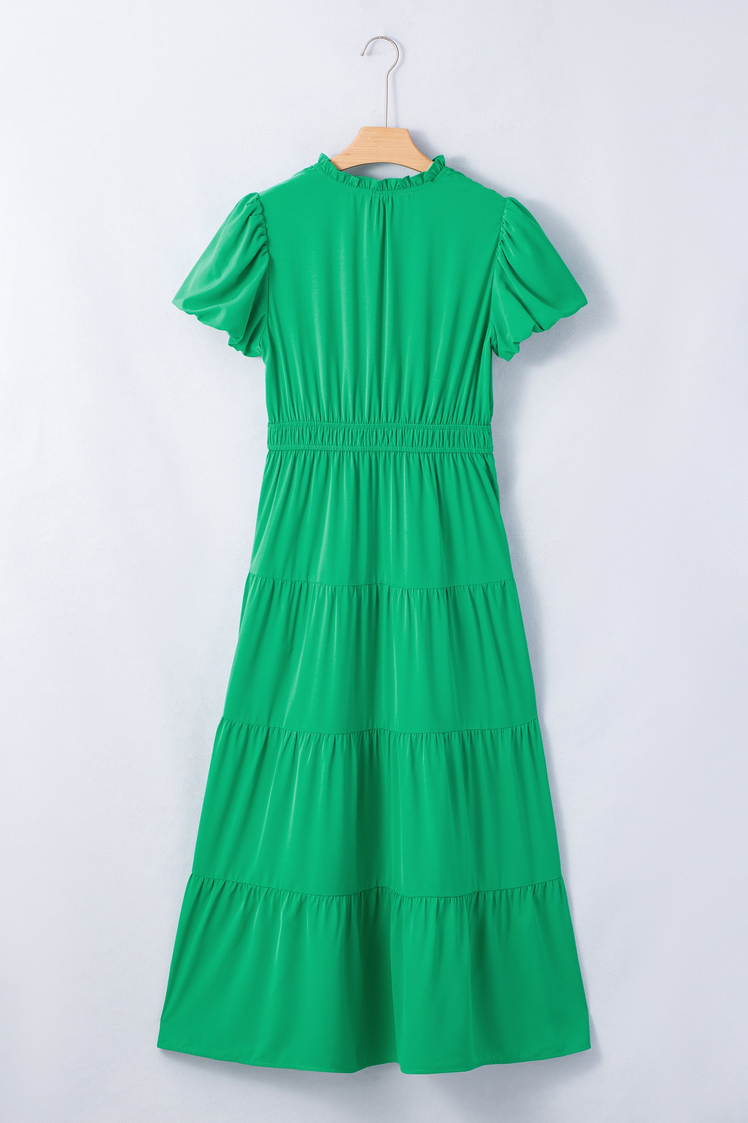 Lavendula Solid Color V Neck Short Puff Sleeve High Waist Tiered Maxi Dress
