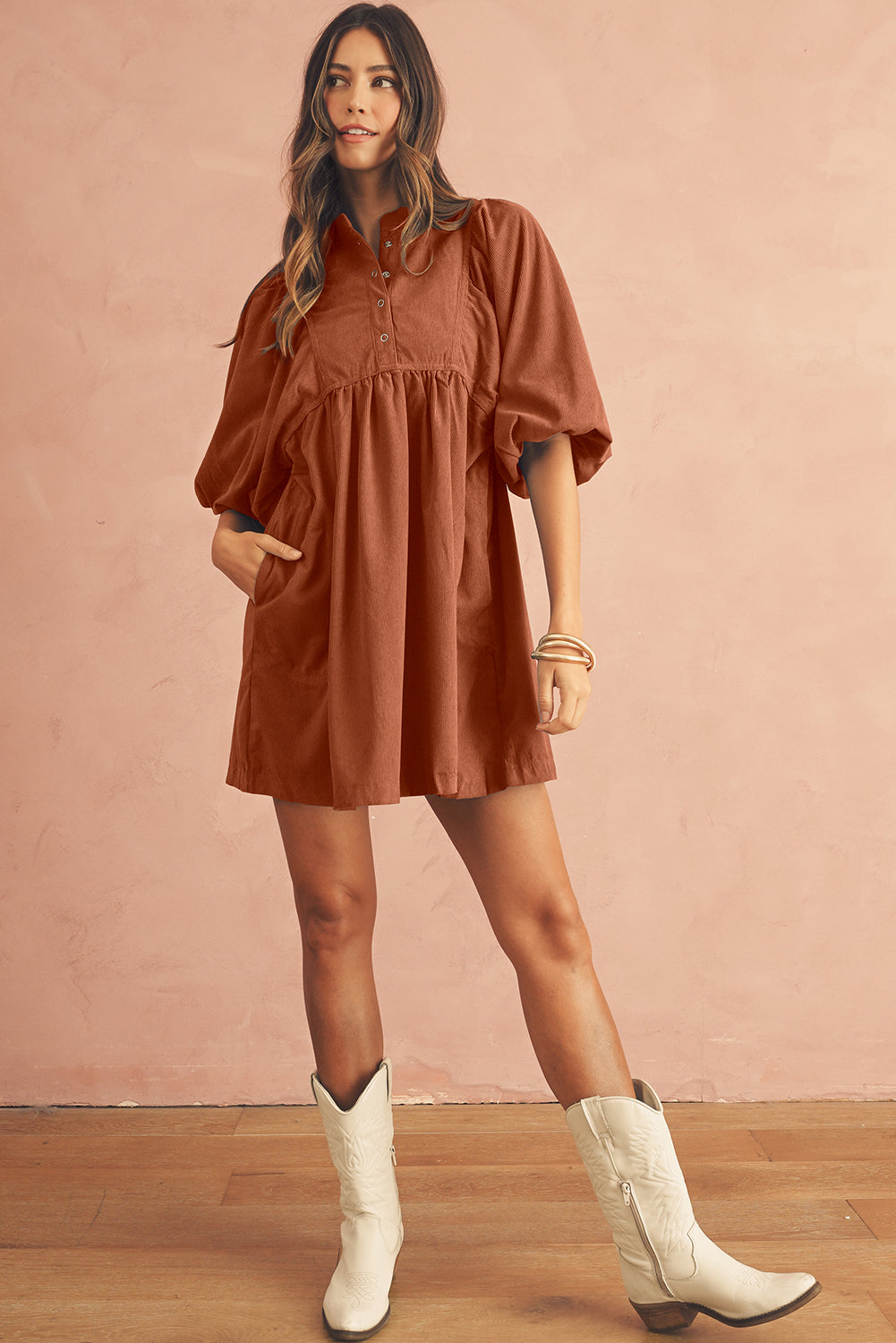 Gold Flame Light Snap Button Empire Waist Lantern Sleeve Corduroy Dress