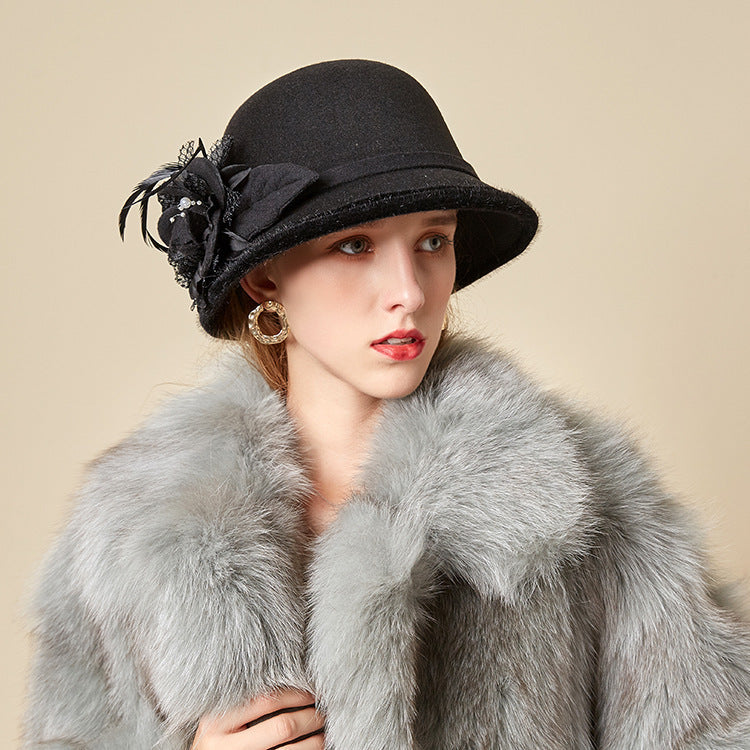 Black Brim Woolen British Feather Flower Top Hat