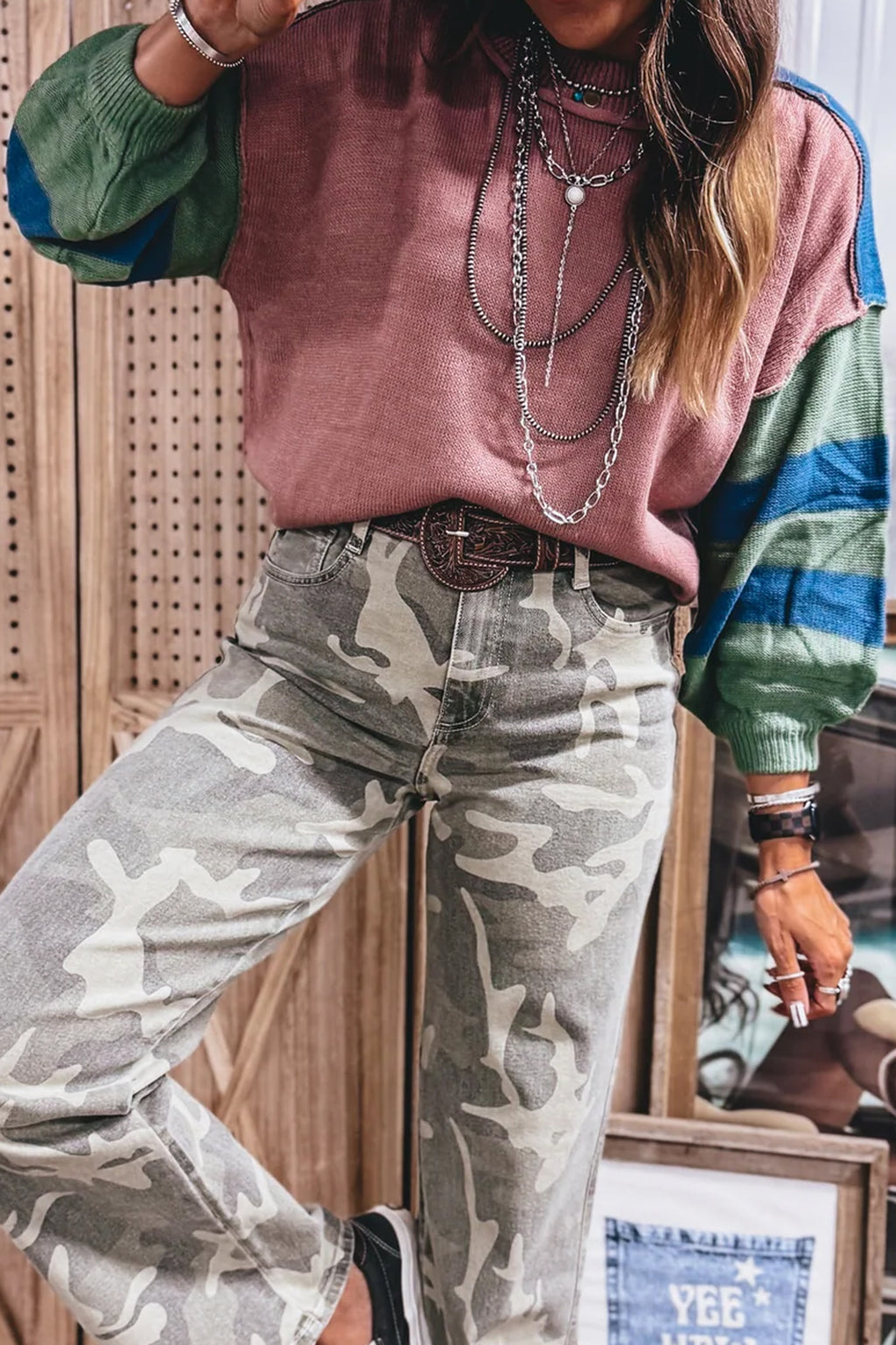 Multicolour Western Colorblock Patchwork Striped Long Sleeve Pullover Sweater