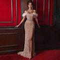Feather Raglan Large Slit Sexy Sequin Evening Dress