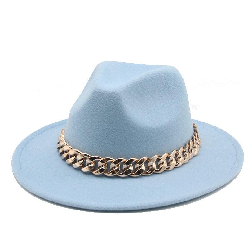 Fedora Hats for Women Men Wide Brim Thick Gold Chain Metal Chain Buckle Fedora Hat Classic Wide Brim Floppy Hat Warm Vintage Cap Winter Autumn Lightweight Luxury Hat Stevvex