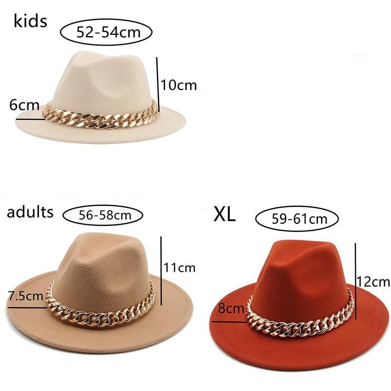Fedora Hats for Women Men Wide Brim Thick Gold Chain Metal Chain Buckle Fedora Hat Classic Wide Brim Floppy Hat Warm Vintage Cap Winter Autumn Lightweight Luxury Hat Stevvex