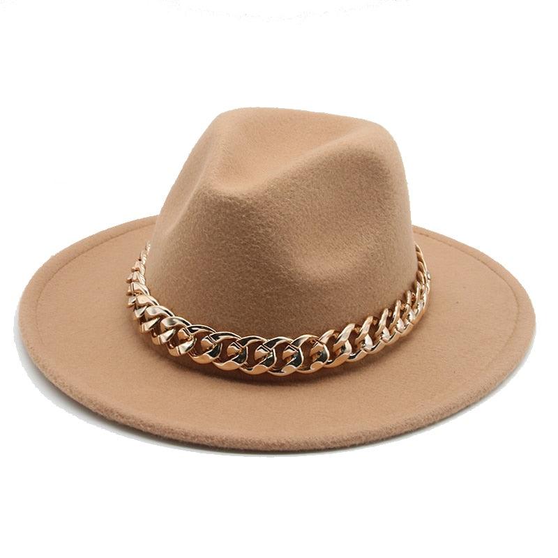 Fedora Hats for Women Men Wide Brim Thick Gold Chain Metal Chain Buckle Fedora Hat Classic Wide Brim Floppy Hat Warm Vintage Cap Winter Autumn Lightweight Luxury Hat Stevvex