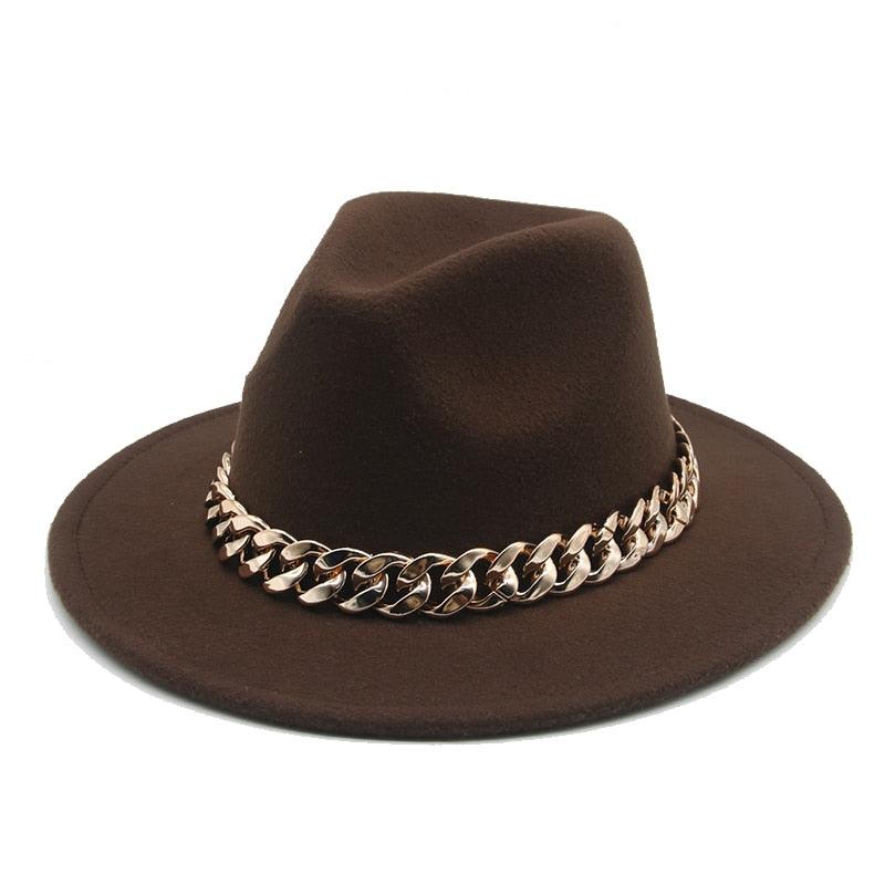 Fedora Hats for Women Men Wide Brim Thick Gold Chain Metal Chain Buckle Fedora Hat Classic Wide Brim Floppy Hat Warm Vintage Cap Winter Autumn Lightweight Luxury Hat Stevvex