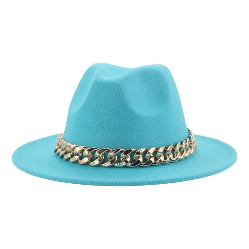 Fedora Hats for Women Men Wide Brim Thick Gold Chain Metal Chain Buckle Fedora Hat Classic Wide Brim Floppy Hat Warm Vintage Cap Winter Autumn Lightweight Luxury Hat Stevvex