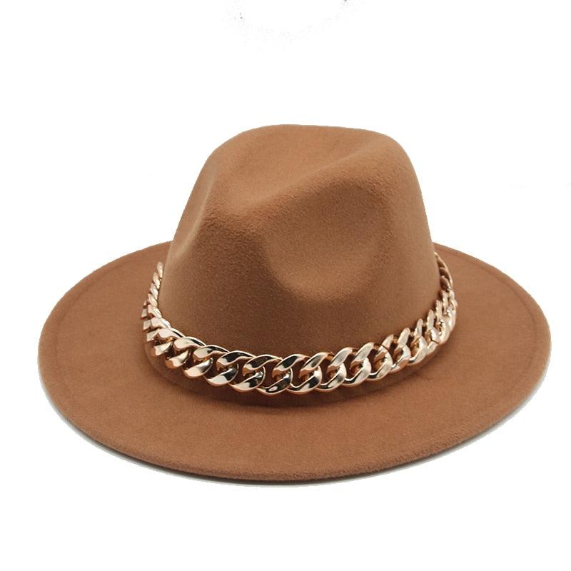 Fedora Hats for Women Men Wide Brim Thick Gold Chain Metal Chain Buckle Fedora Hat Classic Wide Brim Floppy Hat Warm Vintage Cap Winter Autumn Lightweight Luxury Hat Stevvex