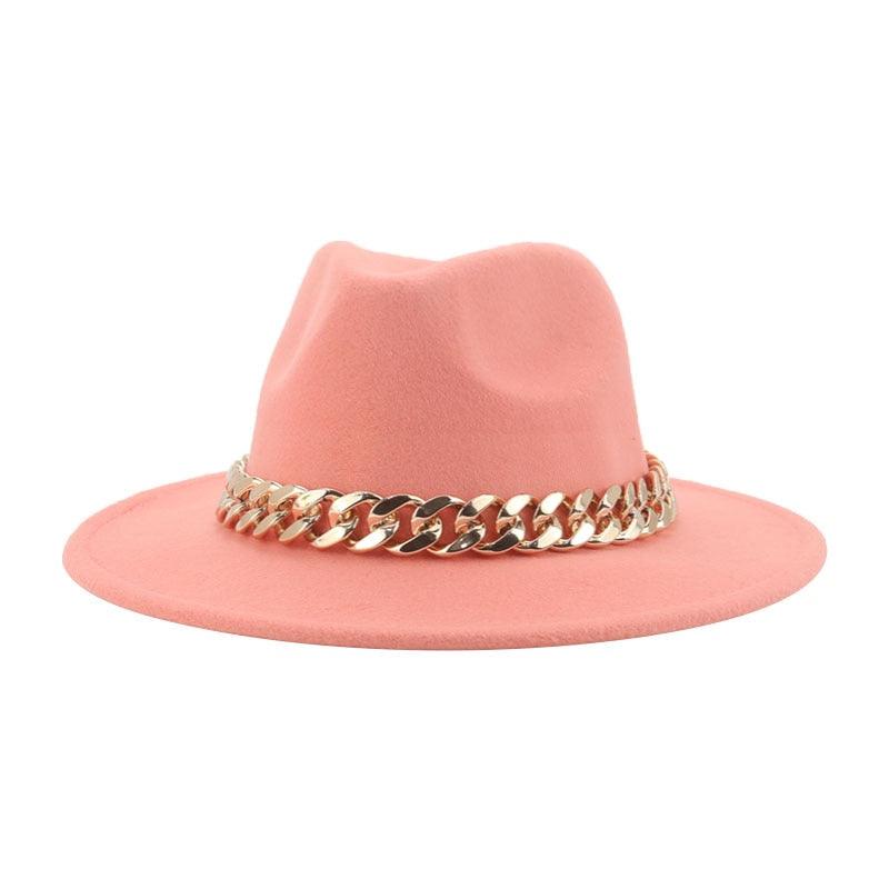 Fedora Hats for Women Men Wide Brim Thick Gold Chain Metal Chain Buckle Fedora Hat Classic Wide Brim Floppy Hat Warm Vintage Cap Winter Autumn Lightweight Luxury Hat Stevvex