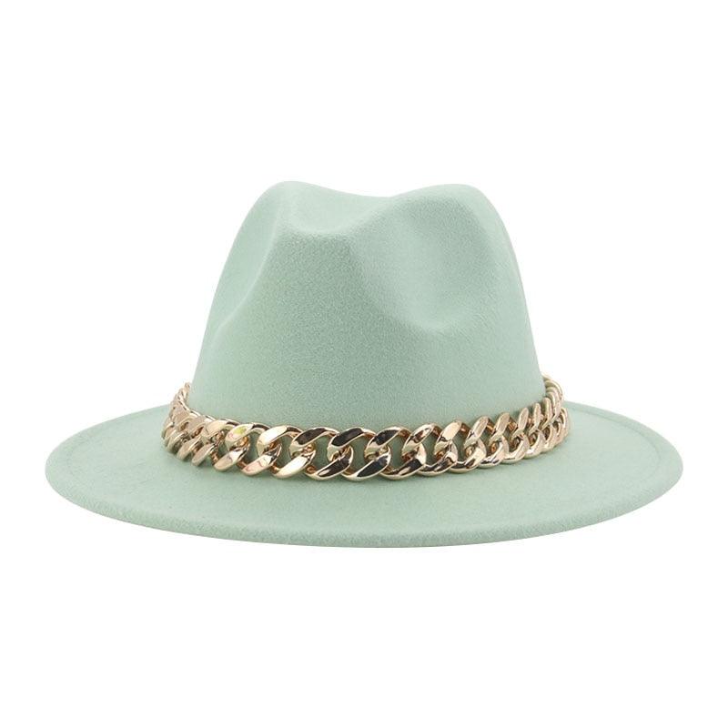 Fedora Hats for Women Men Wide Brim Thick Gold Chain Metal Chain Buckle Fedora Hat Classic Wide Brim Floppy Hat Warm Vintage Cap Winter Autumn Lightweight Luxury Hat Stevvex