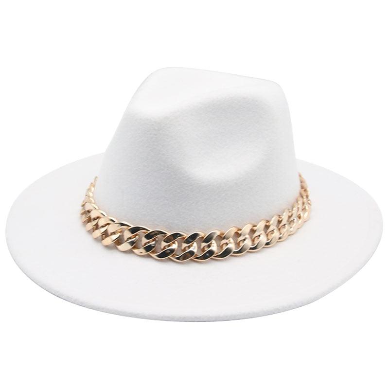 Fedora Hats for Women Men Wide Brim Thick Gold Chain Metal Chain Buckle Fedora Hat Classic Wide Brim Floppy Hat Warm Vintage Cap Winter Autumn Lightweight Luxury Hat Stevvex