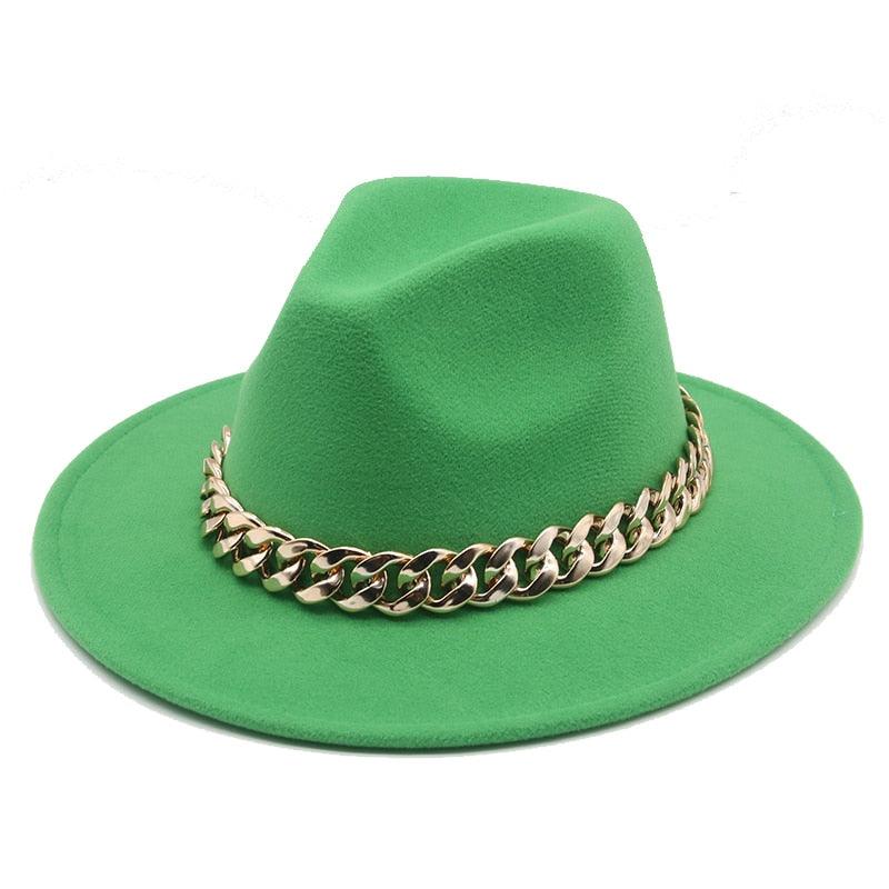 Fedora Hats for Women Men Wide Brim Thick Gold Chain Metal Chain Buckle Fedora Hat Classic Wide Brim Floppy Hat Warm Vintage Cap Winter Autumn Lightweight Luxury Hat Stevvex