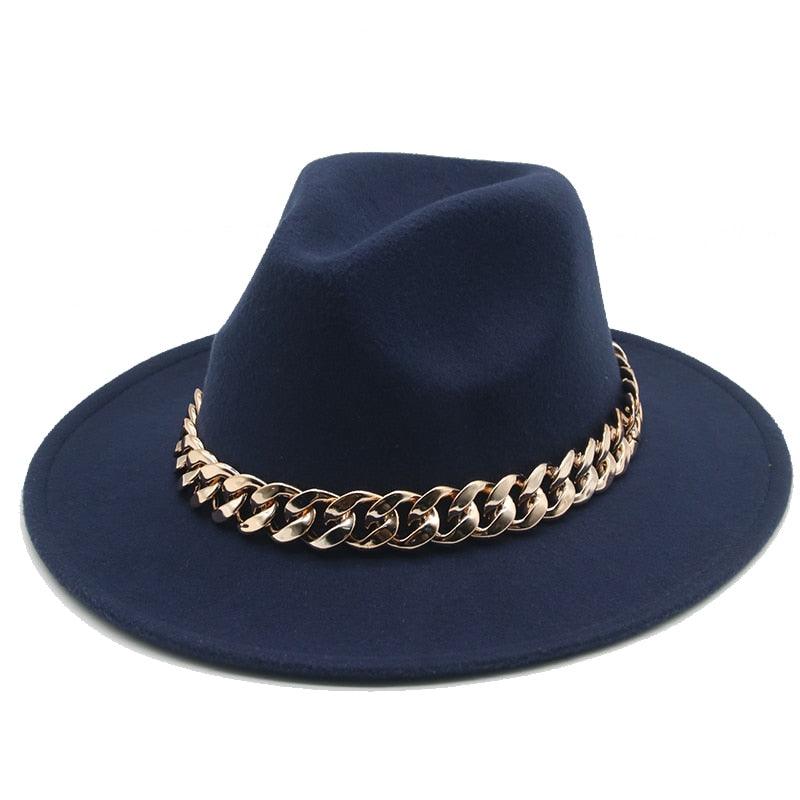 Fedora Hats for Women Men Wide Brim Thick Gold Chain Metal Chain Buckle Fedora Hat Classic Wide Brim Floppy Hat Warm Vintage Cap Winter Autumn Lightweight Luxury Hat Stevvex