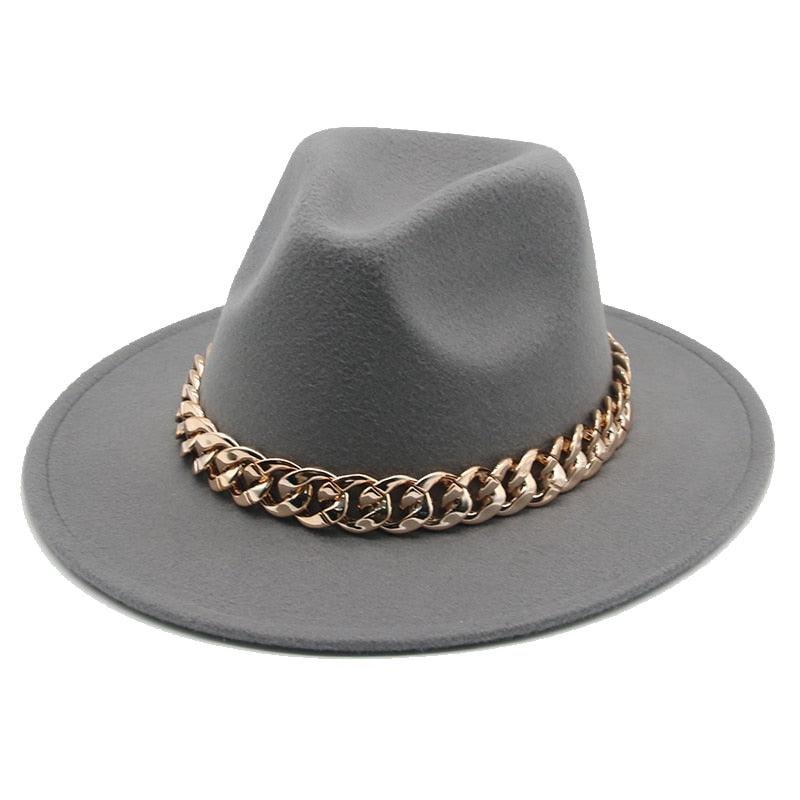 Fedora Hats for Women Men Wide Brim Thick Gold Chain Metal Chain Buckle Fedora Hat Classic Wide Brim Floppy Hat Warm Vintage Cap Winter Autumn Lightweight Luxury Hat Stevvex