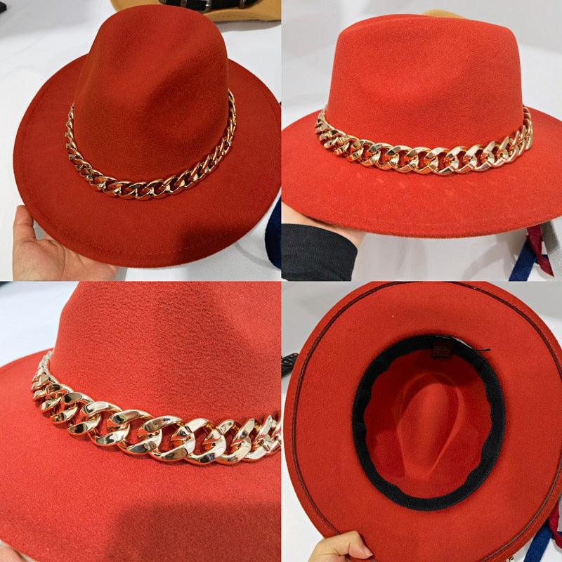 Fedora Hats for Women Men Wide Brim Thick Gold Chain Metal Chain Buckle Fedora Hat Classic Wide Brim Floppy Hat Warm Vintage Cap Winter Autumn Lightweight Luxury Hat Stevvex