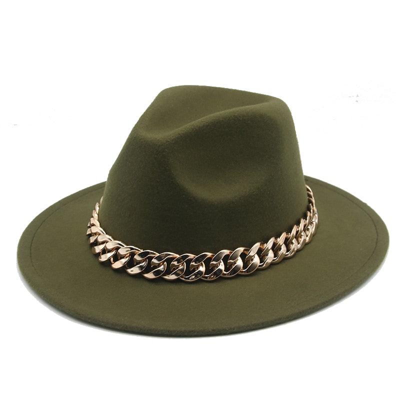 Fedora Hats for Women Men Wide Brim Thick Gold Chain Metal Chain Buckle Fedora Hat Classic Wide Brim Floppy Hat Warm Vintage Cap Winter Autumn Lightweight Luxury Hat Stevvex