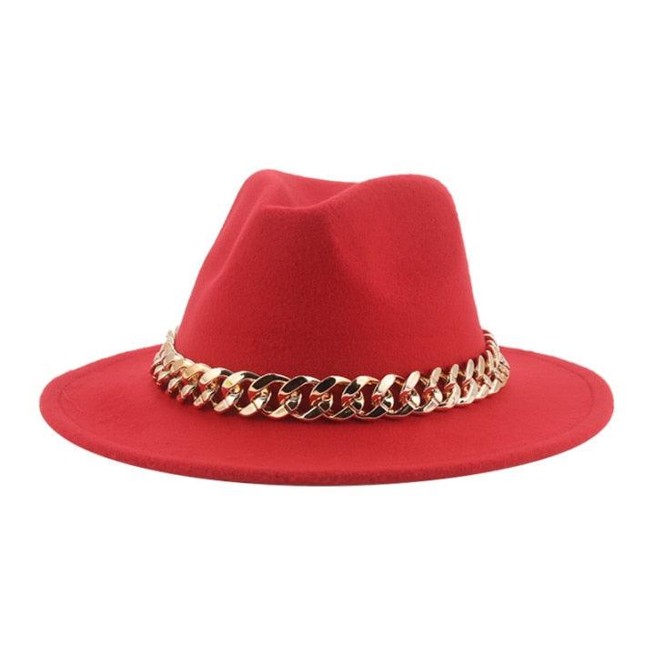Fedora Hats for Women Men Wide Brim Thick Gold Chain Metal Chain Buckle Fedora Hat Classic Wide Brim Floppy Hat Warm Vintage Cap Winter Autumn Lightweight Luxury Hat Stevvex
