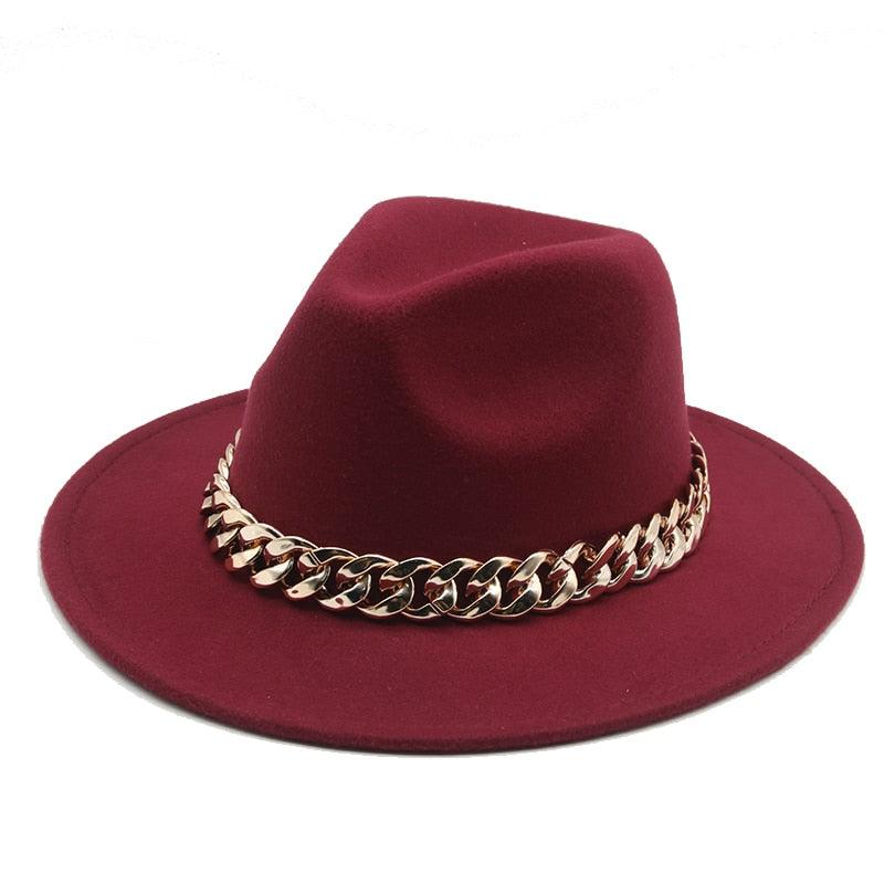 Fedora Hats for Women Men Wide Brim Thick Gold Chain Metal Chain Buckle Fedora Hat Classic Wide Brim Floppy Hat Warm Vintage Cap Winter Autumn Lightweight Luxury Hat Stevvex