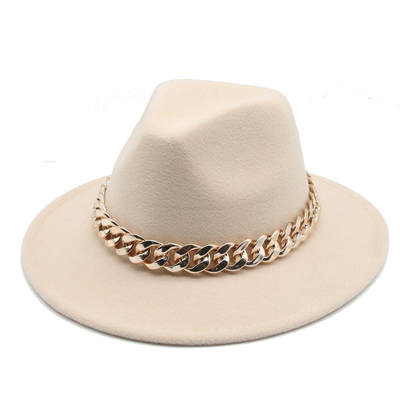 Fedora Hats for Women Men Wide Brim Thick Gold Chain Metal Chain Buckle Fedora Hat Classic Wide Brim Floppy Hat Warm Vintage Cap Winter Autumn Lightweight Luxury Hat Stevvex