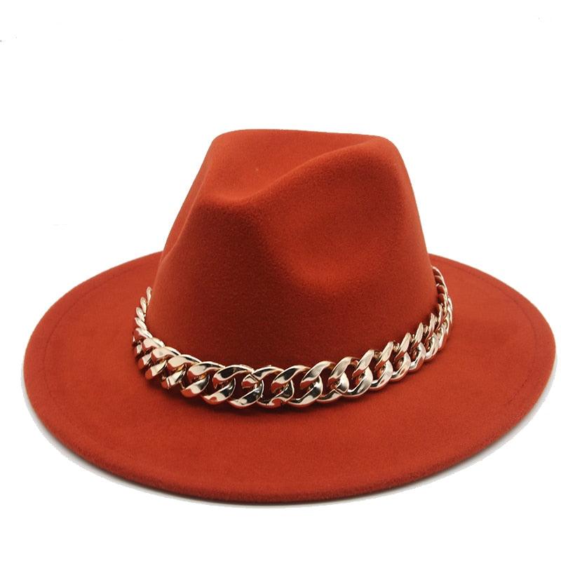 Fedora Hats for Women Men Wide Brim Thick Gold Chain Metal Chain Buckle Fedora Hat Classic Wide Brim Floppy Hat Warm Vintage Cap Winter Autumn Lightweight Luxury Hat Stevvex