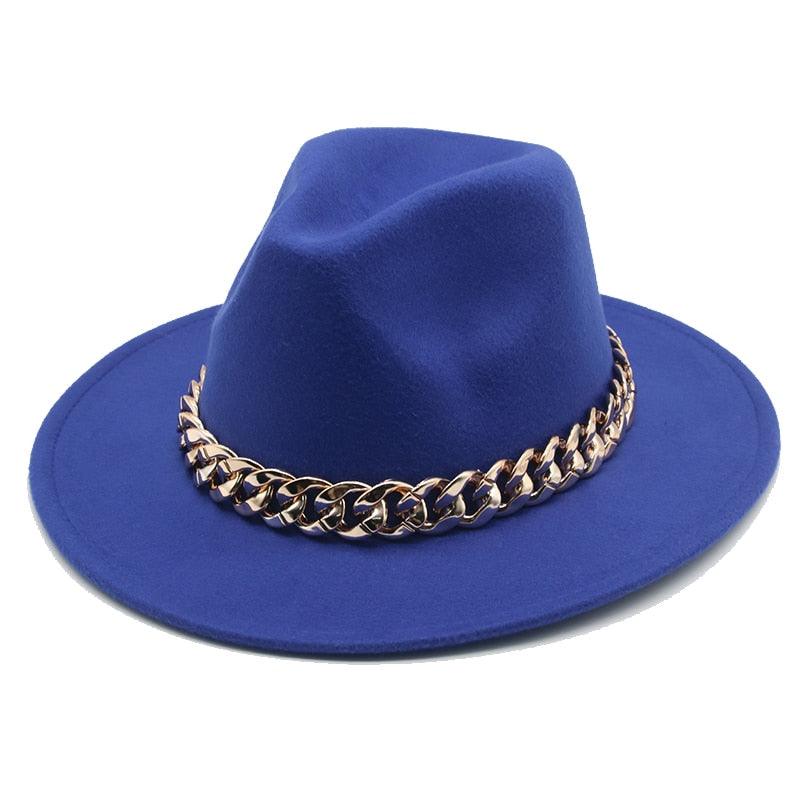 Fedora Hats for Women Men Wide Brim Thick Gold Chain Metal Chain Buckle Fedora Hat Classic Wide Brim Floppy Hat Warm Vintage Cap Winter Autumn Lightweight Luxury Hat Stevvex
