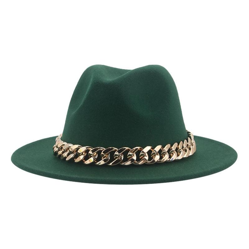 Fedora Hats for Women Men Wide Brim Thick Gold Chain Metal Chain Buckle Fedora Hat Classic Wide Brim Floppy Hat Warm Vintage Cap Winter Autumn Lightweight Luxury Hat Stevvex