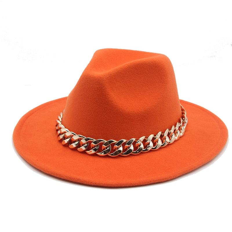 Fedora Hats for Women Men Wide Brim Thick Gold Chain Metal Chain Buckle Fedora Hat Classic Wide Brim Floppy Hat Warm Vintage Cap Winter Autumn Lightweight Luxury Hat Stevvex