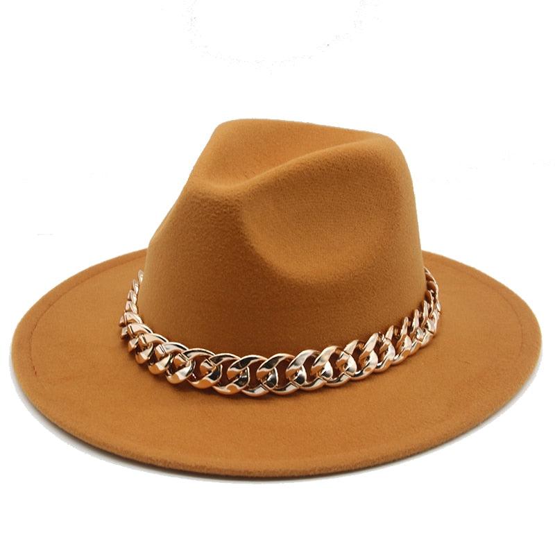 Fedora Hats for Women Men Wide Brim Thick Gold Chain Metal Chain Buckle Fedora Hat Classic Wide Brim Floppy Hat Warm Vintage Cap Winter Autumn Lightweight Luxury Hat Stevvex