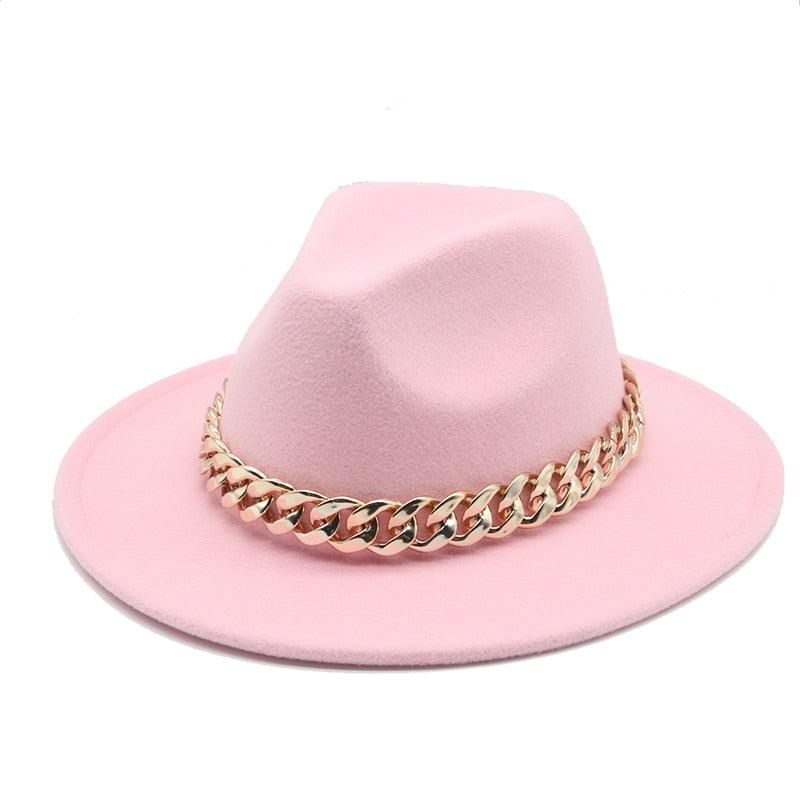 Fedora Hats for Women Men Wide Brim Thick Gold Chain Metal Chain Buckle Fedora Hat Classic Wide Brim Floppy Hat Warm Vintage Cap Winter Autumn Lightweight Luxury Hat Stevvex