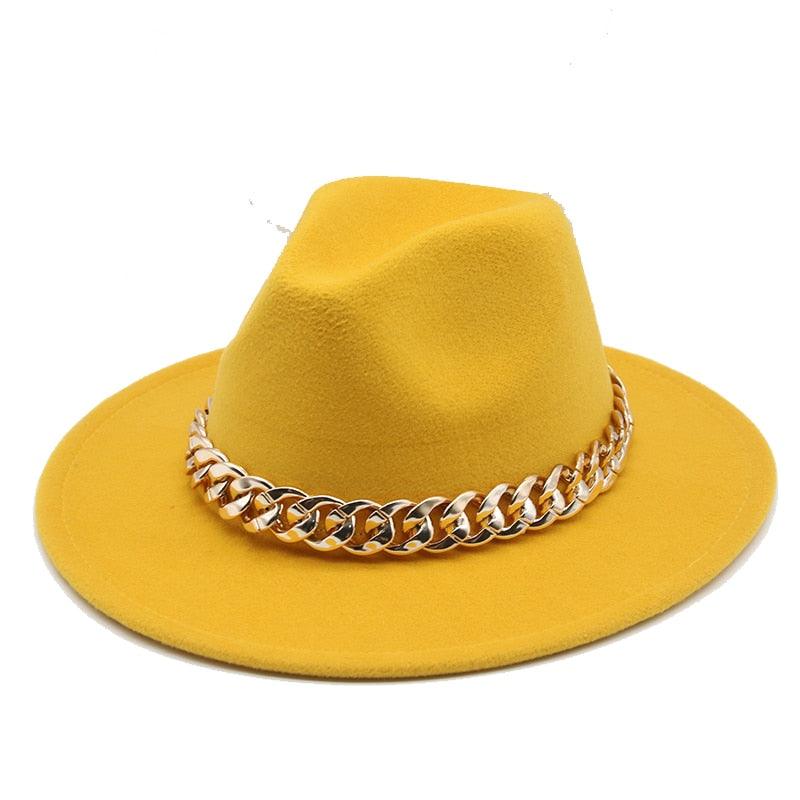 Fedora Hats for Women Men Wide Brim Thick Gold Chain Metal Chain Buckle Fedora Hat Classic Wide Brim Floppy Hat Warm Vintage Cap Winter Autumn Lightweight Luxury Hat Stevvex