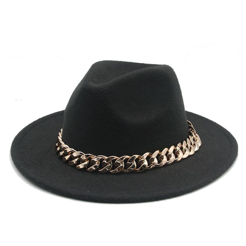 Fedora Hats for Women Men Wide Brim Thick Gold Chain Metal Chain Buckle Fedora Hat Classic Wide Brim Floppy Hat Warm Vintage Cap Winter Autumn Lightweight Luxury Hat Stevvex