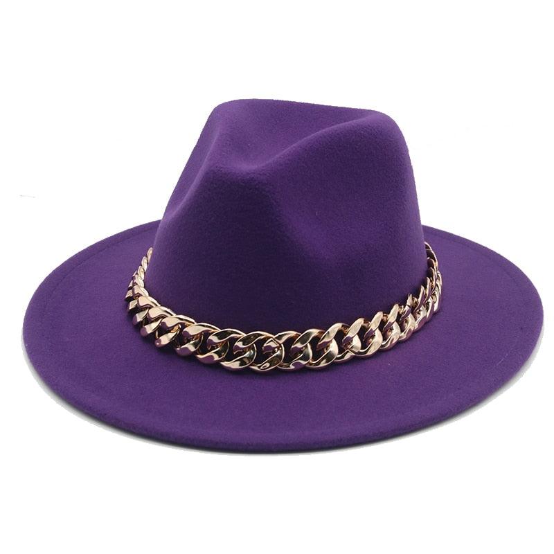 Fedora Hats for Women Men Wide Brim Thick Gold Chain Metal Chain Buckle Fedora Hat Classic Wide Brim Floppy Hat Warm Vintage Cap Winter Autumn Lightweight Luxury Hat Stevvex