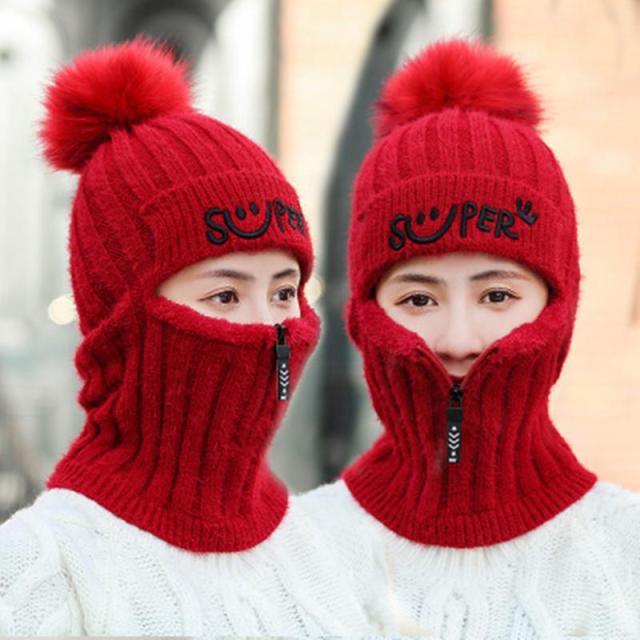 Female Winter Knitted Hats Add Fur Lined Warm Winter Hats For Women With Zipper Keep Face Warmer Balaclava Pompoms Cap Fleece Balaclava Gorgas Bonnet Knitted Hat Windproof Ski Mask Cold Weather Face Mask Motorcycle Balaclava Hood Warmer Winter Sports Cap Stevvex