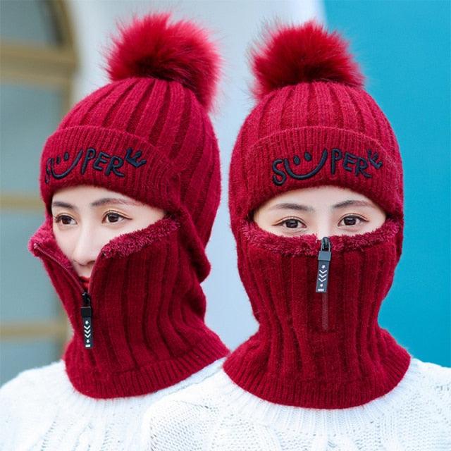 Female Winter Knitted Hats Add Fur Lined Warm Winter Hats For Women With Zipper Keep Face Warmer Balaclava Pompoms Cap Fleece Balaclava Gorgas Bonnet Knitted Hat Windproof Ski Mask Cold Weather Face Mask Motorcycle Balaclava Hood Warmer Winter Sports Cap Stevvex