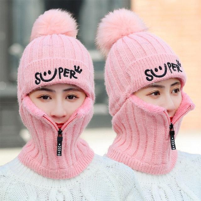 Female Winter Knitted Hats Add Fur Lined Warm Winter Hats For Women With Zipper Keep Face Warmer Balaclava Pompoms Cap Fleece Balaclava Gorgas Bonnet Knitted Hat Windproof Ski Mask Cold Weather Face Mask Motorcycle Balaclava Hood Warmer Winter Sports Cap Stevvex