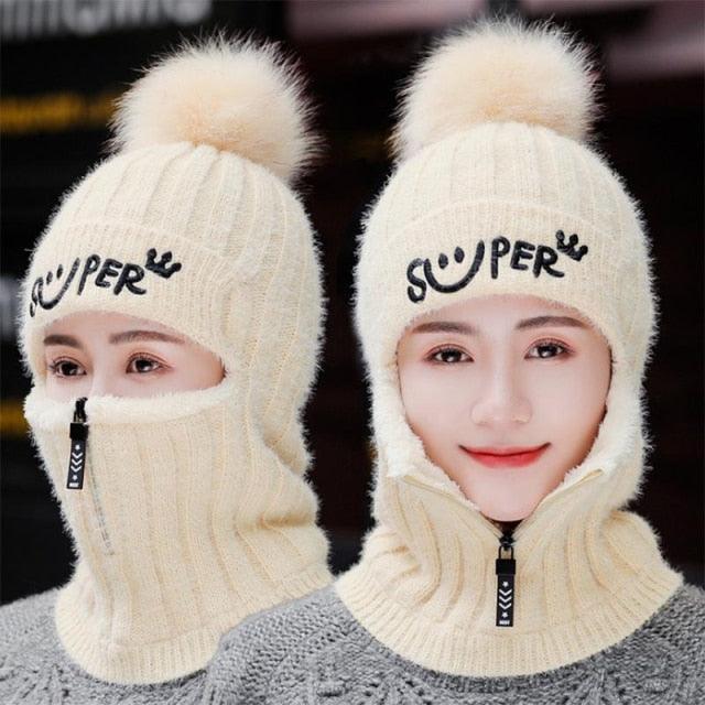 Female Winter Knitted Hats Add Fur Lined Warm Winter Hats For Women With Zipper Keep Face Warmer Balaclava Pompoms Cap Fleece Balaclava Gorgas Bonnet Knitted Hat Windproof Ski Mask Cold Weather Face Mask Motorcycle Balaclava Hood Warmer Winter Sports Cap Stevvex