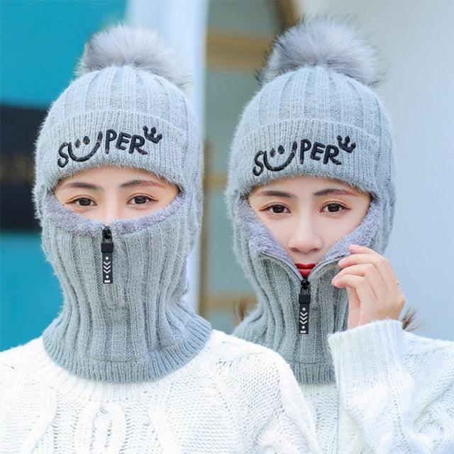 Female Winter Knitted Hats Add Fur Lined Warm Winter Hats For Women With Zipper Keep Face Warmer Balaclava Pompoms Cap Fleece Balaclava Gorgas Bonnet Knitted Hat Windproof Ski Mask Cold Weather Face Mask Motorcycle Balaclava Hood Warmer Winter Sports Cap Stevvex