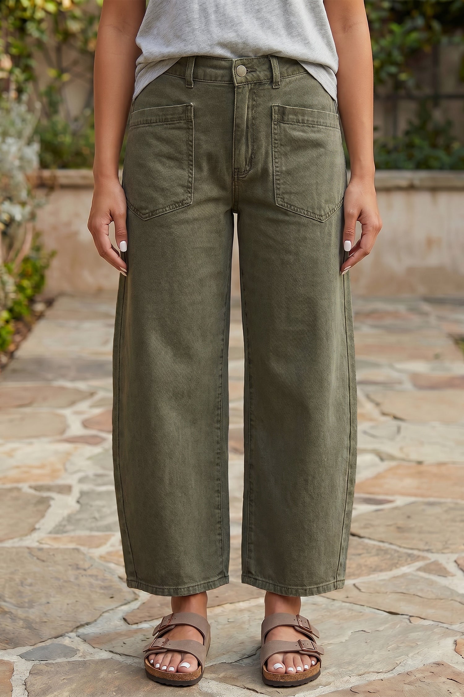 Coffee Solid Color Square Patch Pocket Ankle-length Barrel Jeans Shewin