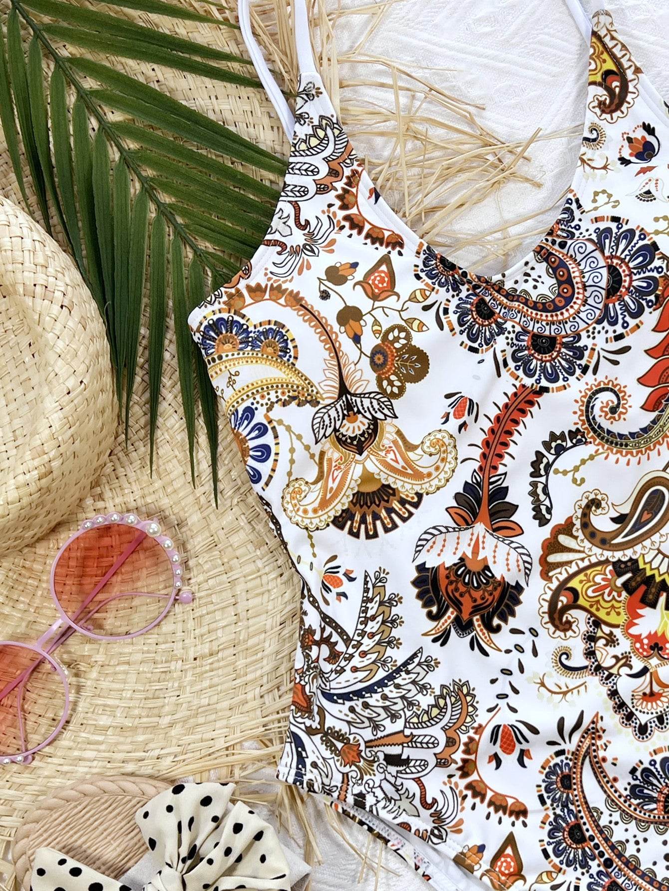 Printed Tie Back Scoop Neck One-Piece Women Swimsuit