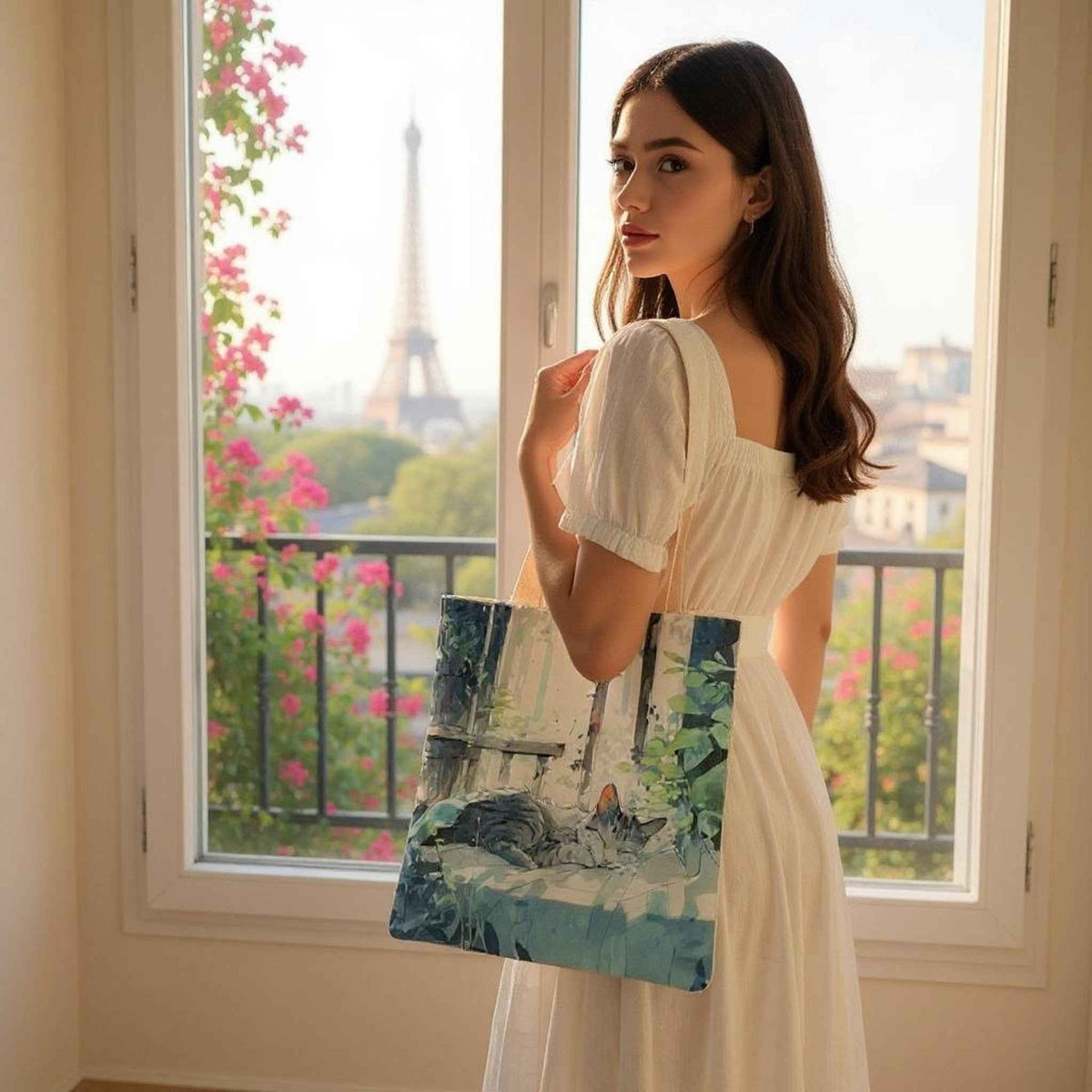 Women's Flannel Shoulder Bag Cute Cat Print Travel Tote Dashing Nova