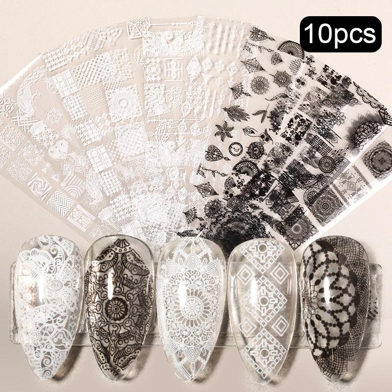 Flower Chic Lace Nail Foils Colorful Self-Adhesive 3D Nail Stickers Stripe Line Transfer Decals iridescent Decoration Nail Self-Adhesive Decals Nail Stickers Water Transfer Fresh Nail Decals for Nail Art Butterfly Palm