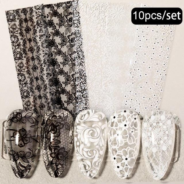 Flower Chic Lace Nail Foils Colorful Self-Adhesive 3D Nail Stickers Stripe Line Transfer Decals iridescent Decoration Nail Self-Adhesive Decals Nail Stickers Water Transfer Fresh Nail Decals for Nail Art Butterfly Palm