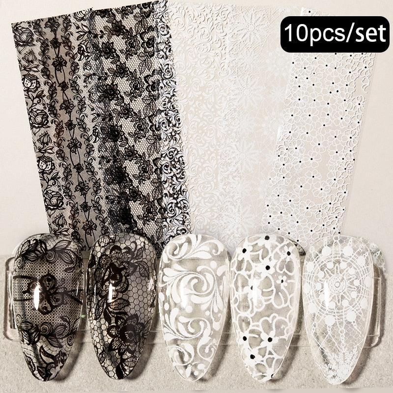 Flower Chic Lace Nail Foils Colorful Self-Adhesive 3D Nail Stickers Stripe Line Transfer Decals iridescent Decoration Nail Self-Adhesive Decals Nail Stickers Water Transfer Fresh Nail Decals for Nail Art Butterfly Palm