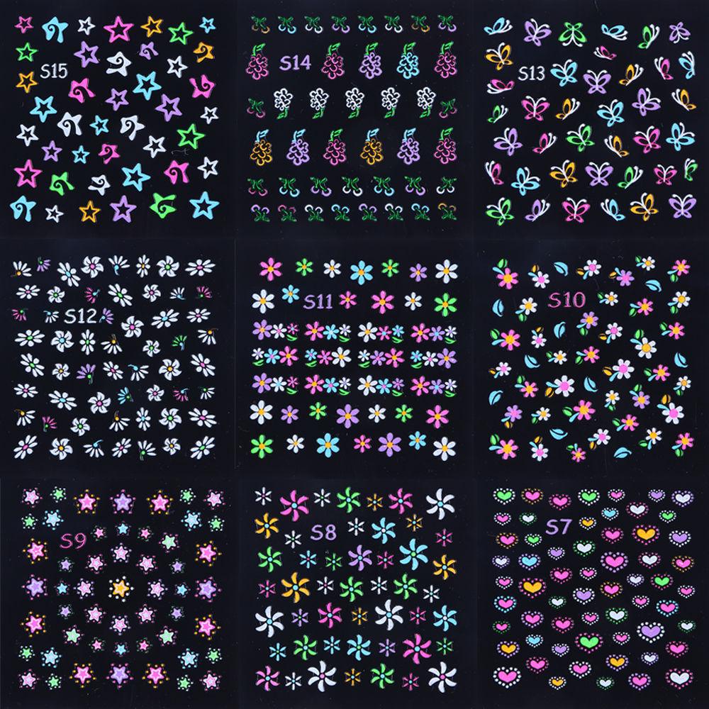 Fluorescent Flowers Nail Stickers Party Butterfly Night Glow Star Decoration Manicure Applique Sliders For Nails Design Fluorescent Light Flame Butterfly Moon Love Pattern Designs Nail Decal Decoration Tips For Beauty Salons Glow in Dark Nail Stickers