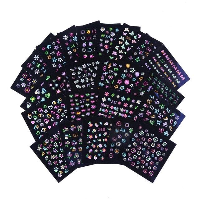 Fluorescent Flowers Nail Stickers Party Butterfly Night Glow Star Decoration Manicure Applique Sliders For Nails Design Fluorescent Light Flame Butterfly Moon Love Pattern Designs Nail Decal Decoration Tips For Beauty Salons Glow in Dark Nail Stickers