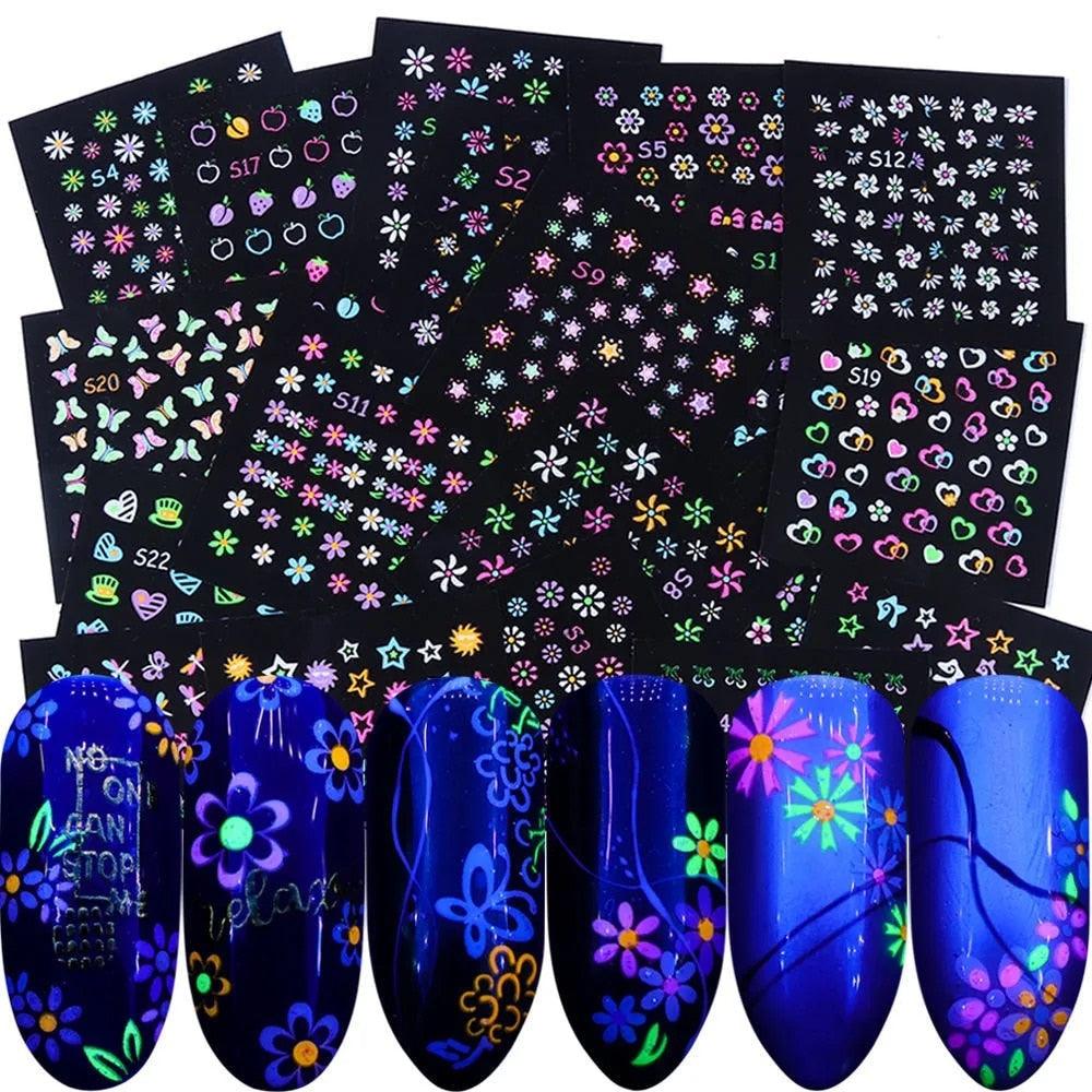 Fluorescent Flowers Nail Stickers Party Butterfly Night Glow Star Decoration Manicure Applique Sliders For Nails Design Fluorescent Light Flame Butterfly Moon Love Pattern Designs Nail Decal Decoration Tips For Beauty Salons Glow in Dark Nail Stickers