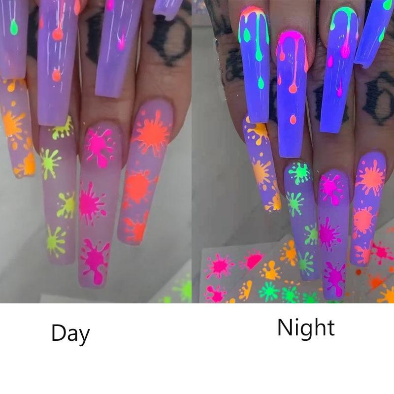 Fluorescent Nail Art Sticker Neon Fireworks Water Transfer Decals Foil Tips Wraps Acrylic Manicure Design Sliders Fluorescent Nail Art Stickers Shinning Glitter Decorations Manicure Decoration for Women Manicure Tips Wraps Glitter Sparkle