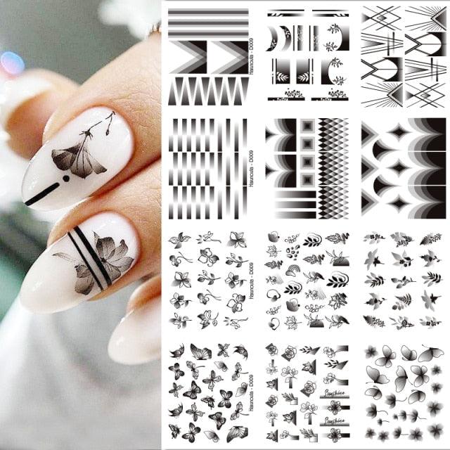 Geometrics Blue Flower Leaves Water Decals Stickers Special Floral Transfer Slider For Nails Decoration Nail Art Stickers Black White Flower Palm Leaf Nail Self-Adhesive Decals Nail Stickers Water Transfer Fresh Nail Decals for Nail Art Butterfly Palm